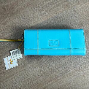 NWT BAEKGAARD Genuine Leather Trifold Wristlet Turquoise Lemon Trim NEW